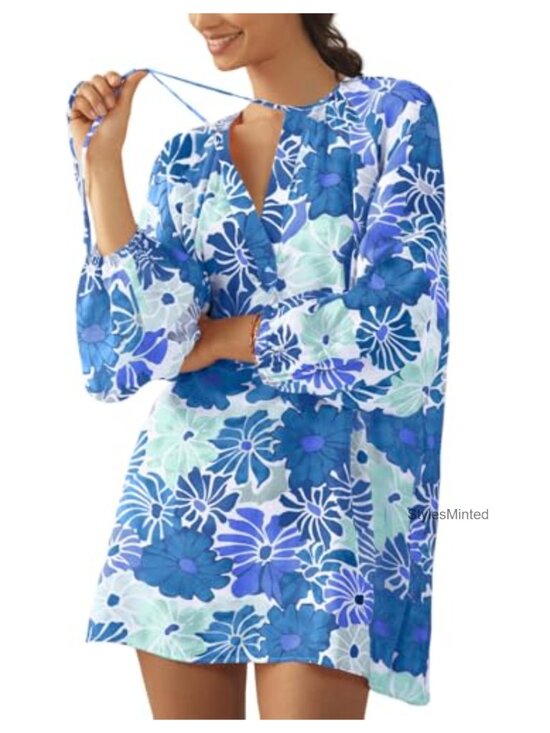 Dresses & Skirts - Women's Boho Floral Tunic Dress Long Sleeve Loose Fit Summer Vacation Cover Up